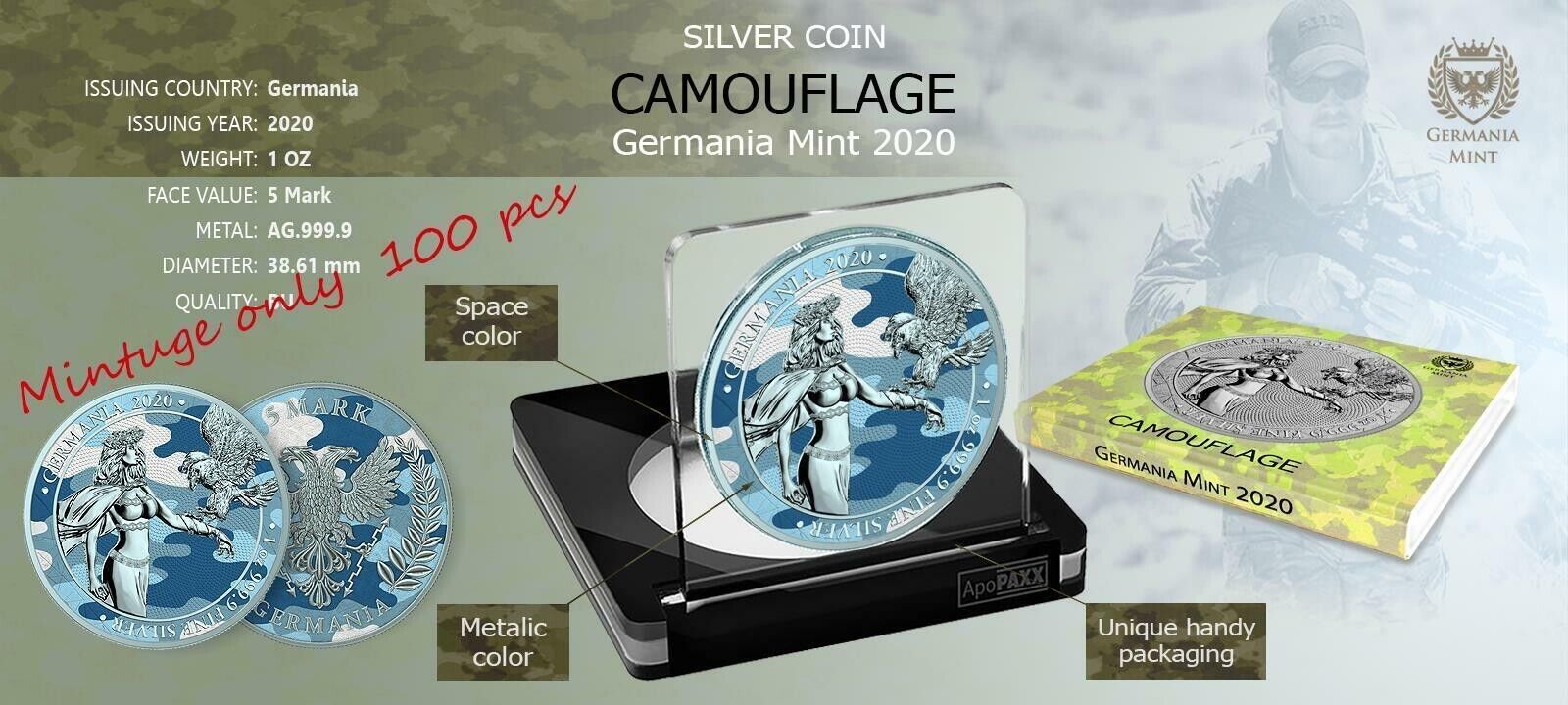 1 Oz Silver Coin 2020 5 Mark Germania Camouflage Edition - Swabia-classypw.com-4