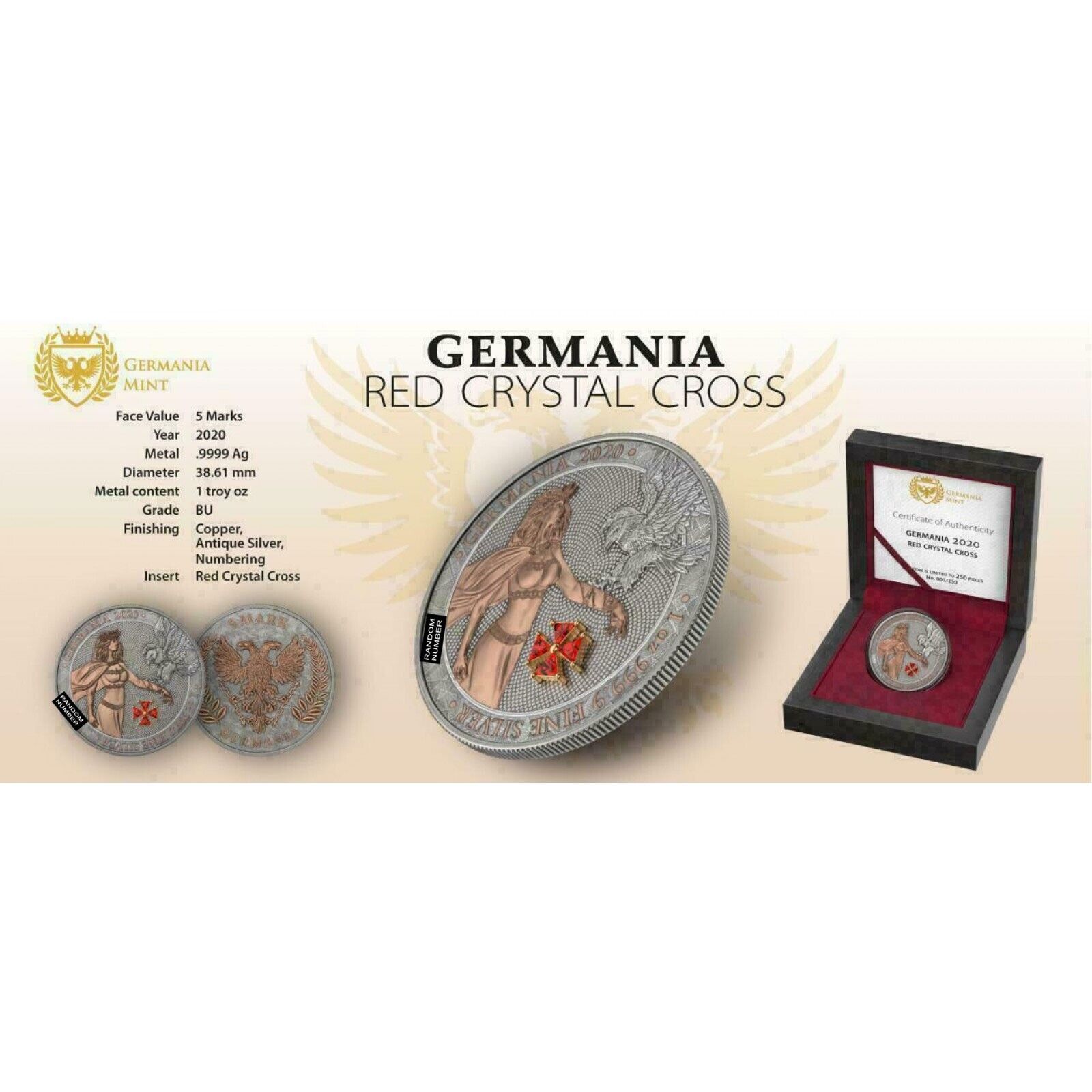 1 Oz Silver Coin 2020 5 Mark Germania - Red Crystal Cross-classypw.com-6