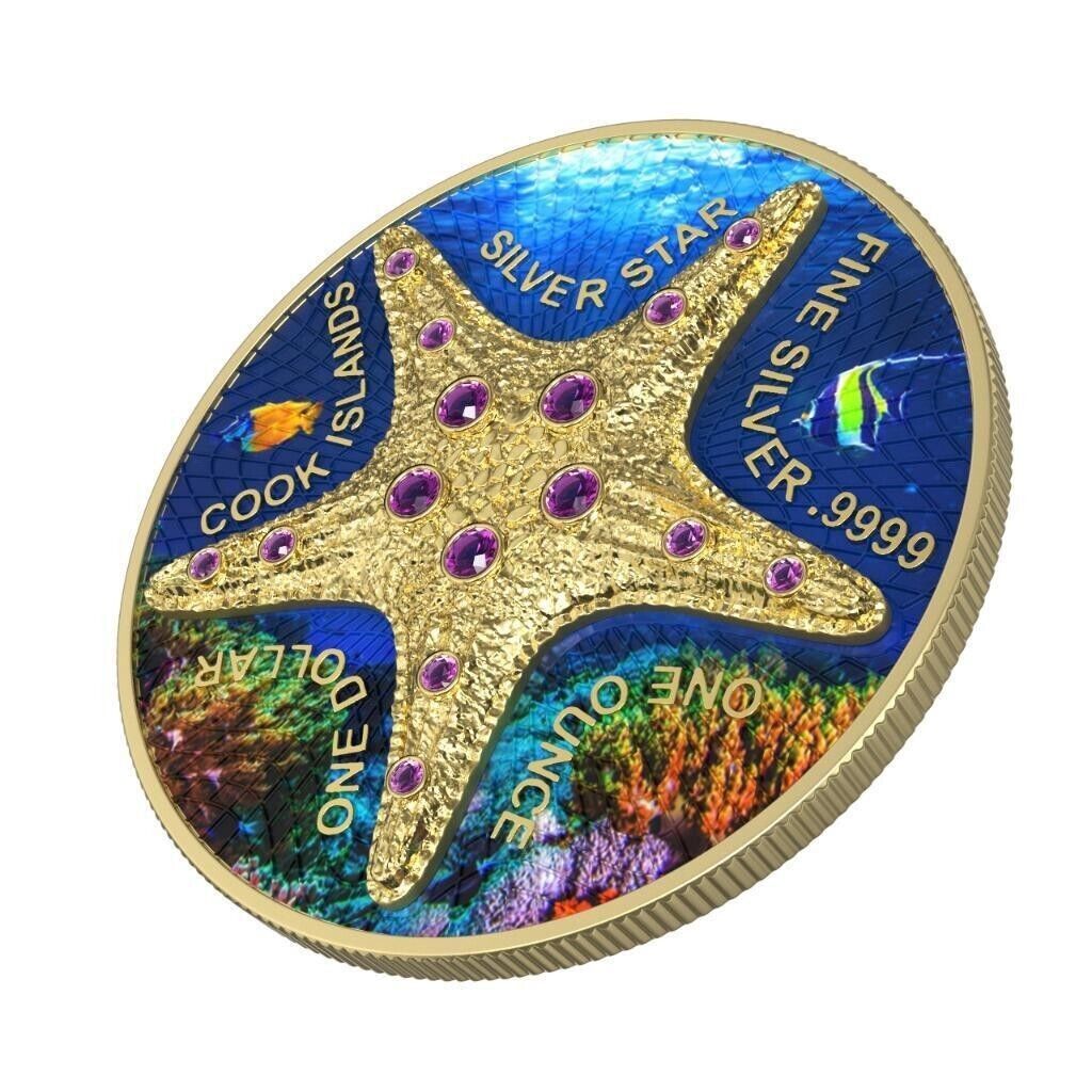 1 Oz Silver Coin 2021 Cook Islands $1 Sea Star Seabed Yellow Gold Star-classypw.com-2