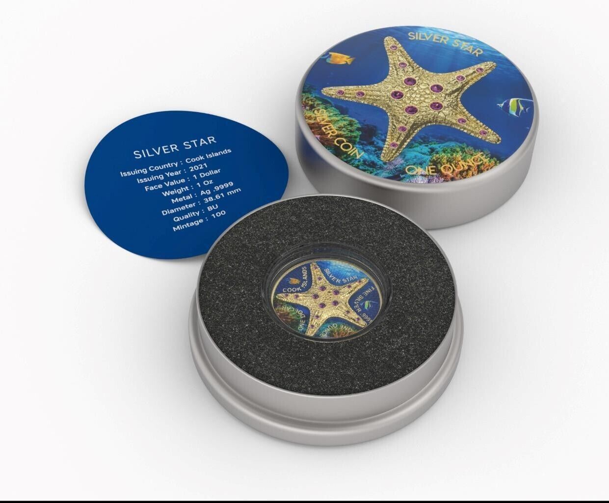 1 Oz Silver Coin 2021 Cook Islands $1 Sea Star Seabed Yellow Gold Star-classypw.com-4